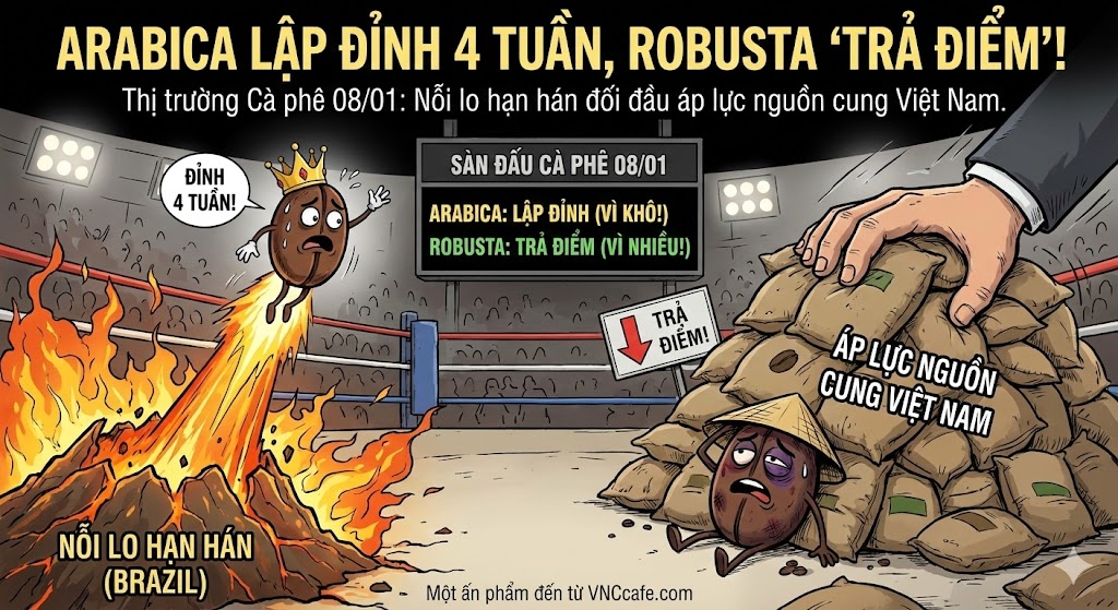 Thị trường Cà phê ngày 08/01: Arabica lập đỉnh 4 tuần vì nỗi lo hạn hán, Robusta 